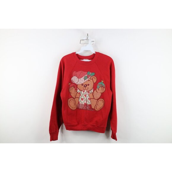 Vtg 90s Streetwear Womens Small Faded Christmas Teddy Bear Sweatshirt Red USA - Picture 1 of 15